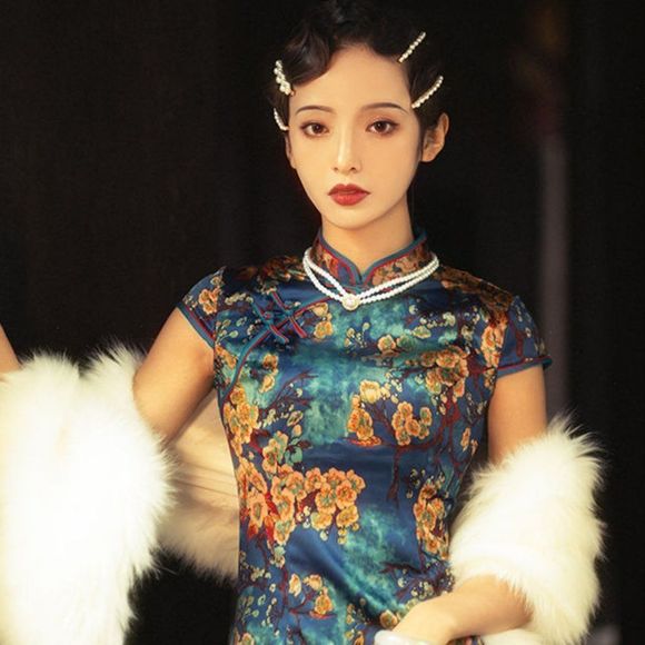 Retro Shanghai Glamour Cheongsam DressWomen Midi Party Formal Dress